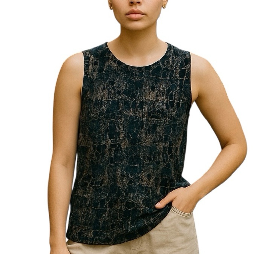 Plisse  Elegant Black and Tan  Patterned Tank Top Sz M